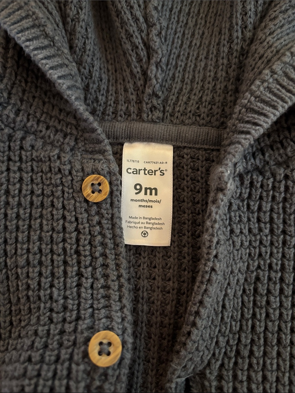 Carter's Gray Knit Hooded Baby Cardigan with Wood-Tone Buttons - Picture 2 of 3